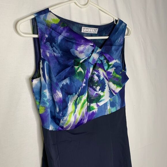Polin Dress Career Floral Twist Neck Navy Slit 38 Asymmetrical Sleeveless - Picture 2 of 8